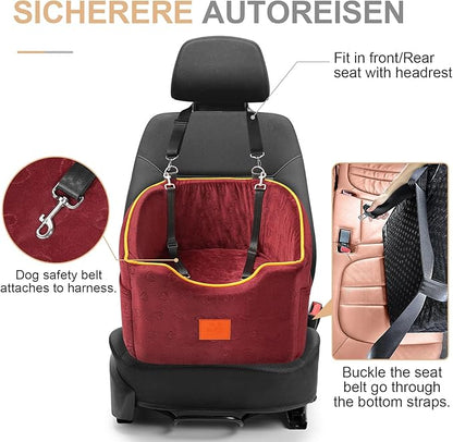 XIEEAOZEE Dog Car Seat for Small Dogs, Memory Foam Booster Dog Seat for Dogs up to 35 lbs, Elevated Pet Car Seat, Travel Safety Pet Seat with Washable Removable Cover, Storage Pockets (Red)