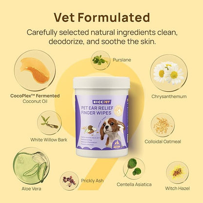 HICC PET Ear Cleaner Finger Wipes for Dogs & Cats, Vet-Recommended Dog Ear Infection Treatment to Relief Itching & Inflammation, Remove Wax, Dirt & Stop Smelly, Non-Irritating-100ct(Coconut Scent)