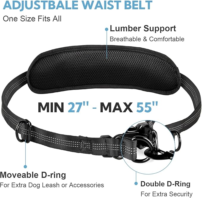 Hands Free Dog Leash, Adjustable Waist Belt with Double Padded Handles, Retractable Bungee for Medium & Large Dog, Running, No Pull,Black Grey