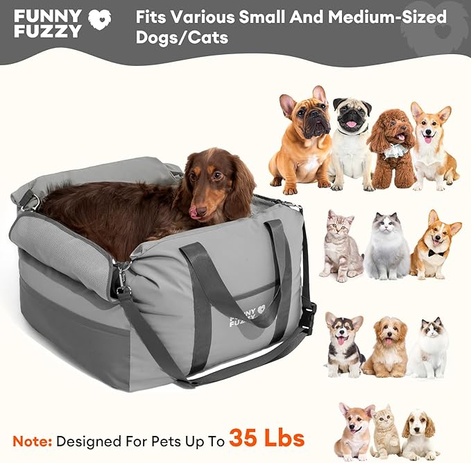 FUNNY FUZZY Waterproof Dog Car Seat for Small & Medium Dogs Up to 35lbs, Detachable & Washable Pet Booster Seat with Leash, Thick Cushion, Storage Pockets & Adjustable Straps (Grey)