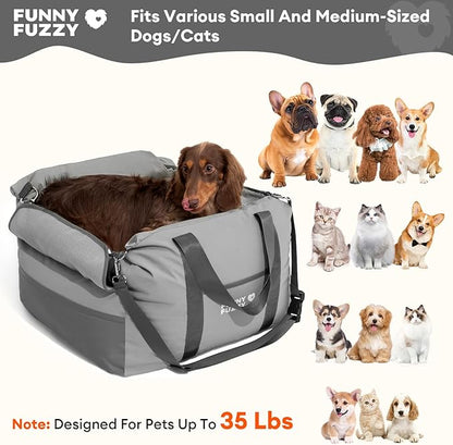 FUNNY FUZZY Waterproof Dog Car Seat for Small & Medium Dogs Up to 35lbs, Detachable & Washable Pet Booster Seat with Leash, Thick Cushion, Storage Pockets & Adjustable Straps (Grey)
