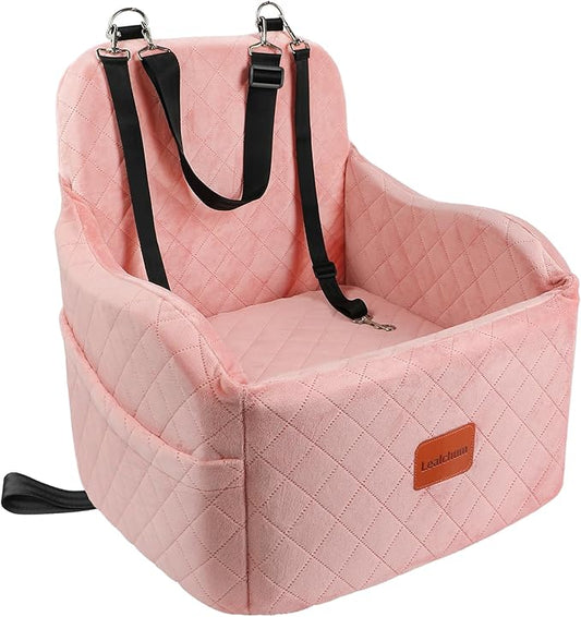 Lealchum Dog Booster Car Seat for Small/Medium Dogs,Soft Puppy Portable Car Seat with Elevated Cushion,Fits in Front/Back Seat,Fully Detachable and Washable,Easy to Install (Pink, Medium)