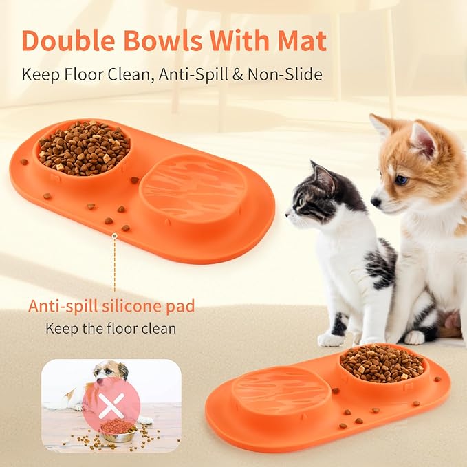 Small Size Puppy Dog Bowls: Food and Water Bowls Set for Small Dogs, No-Spill Non-Skid Dog Dish, Orange