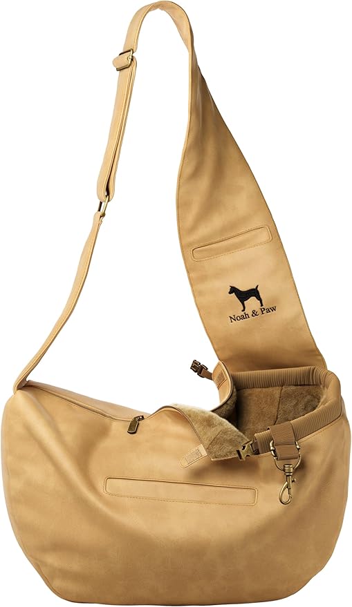 Noah & Paw Dog Sling Carrier for Small Dogs 3-10lb, Dog Sling for Small Dogs and Cats, Dog Carrier with Adjustable Padded Strap, Vegan Leather Lined with Fur, 3X Safety Features, Machine Washable