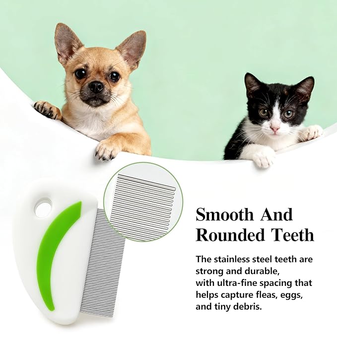 4-Piece Flea & Lice Grooming Comb Set for Dogs and Cats, Stainless Steel Rounded-Tooth Pet Combs with Ergonomic Handle