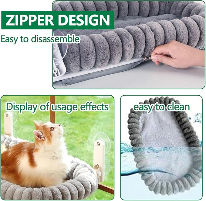 Collapsible Window Perch for Indoor Cats, Large Cats & Kittens - Equipped with a Cat-Catching Stick, Solid Metal Frame, Soft Cover, Strong 4 Suction Cup Wall Mount