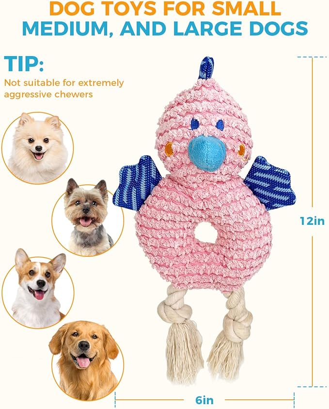 Crinkle Squeaky Dog Toys for Medium Dogs, Durable Plush Chew Toys for Tough Play, Interactive Tug of War Toy, Teething Gift to Keep Them Busy and Relieve Boredom (Pink Chick)
