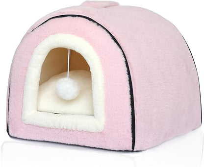 Cat Bed for Indoor Cats，Foldable cat cave，Anti-Slip & Water-Resistant Bottom，cat Houses for Indoor Cats or Small Dogs, Kitten Tent, Rabbit Bed，2 in 1 pet Bed (Pink)