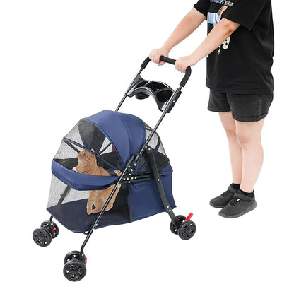 Foldable Pet Stroller w/Lockable Brakes,40lbs Capacity Ventilated Mesh Carrier Cart for Small Medium Dogs & Cats,Dog Stroller (Navy Blue)