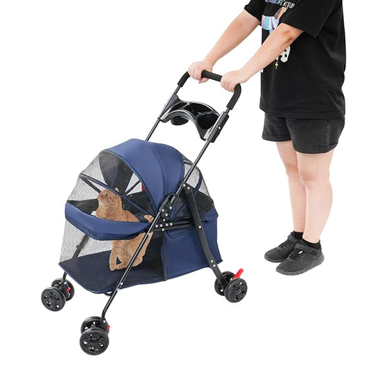 Foldable Pet Stroller w/Lockable Brakes,40lbs Capacity Ventilated Mesh Carrier Cart for Small Medium Dogs & Cats,Dog Stroller (Navy Blue)
