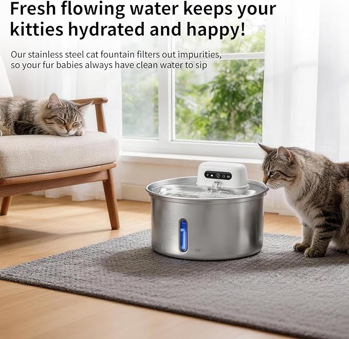 YFL Cordless Cat Water Fountain, 3.2L/108oz Stainless Steel Pet Water Fountain with Motion Sensor & Visual Filter, 4000mAh Battery Operated Quiet Cat Drinking Fountain for Cats & Dogs