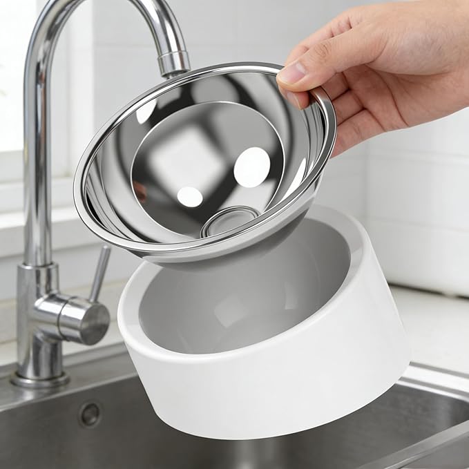 White Tilted Dog Bowl for Large Breed Dogs, No-Spill Non-Skid Stainless Steel Bowl, Detachable 2-in-1 Feeder for Dogs with Cones or Long Ears (Size L)