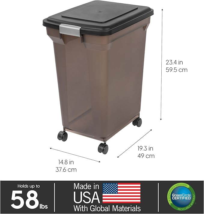 IRIS USA Dog Food Storage Container 58 Lb, Airtight Large Pet Food Storage Bin with Wheels, for Dog Cat Bird Chicken Food, Holds Up to 58 lbs, Keep Fresh, BPA Free, Made in USA, Black