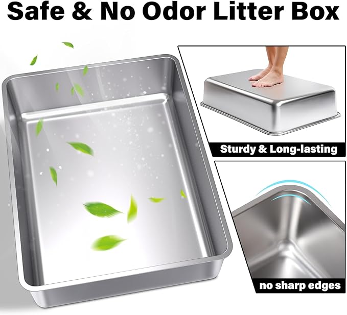 Stainless Steel Litter Box, 28" X 20" X 6" Steel Litter Box XXXL No Smell, Extra Large Metal Litterbox for Big Cat, Multiple Cats, Non Stick, Easy Cleaning