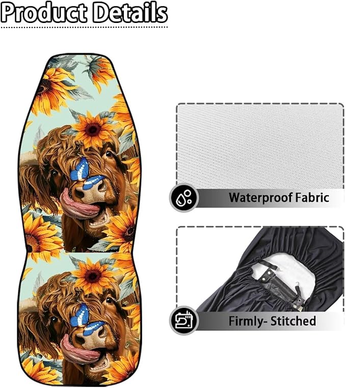 Highland Cow Car Seat Covers Anti Slip Car Seat Covers Front Seats Only Easy to Install and Clean Removable Automotive Accessories Universal Fit for Most Vehicle