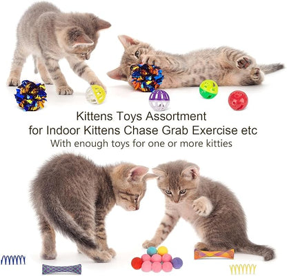 Retro Shaw 33Pcs Cat Toys, Large Cat Tunnels with Toys, Interactive Kitten Toys for Indoor Cats Kitty, Collapsible Cat Tube Tent Feather Wand Teaser Bell Fuzzy Ball Crinkly Springs Mouse