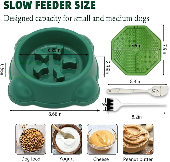 Excellent Slow Feeder Dog Bowl, prevent bloat or choking, Fun Alternative Dog Slow Feeding Bowl for Small Medium Size Dogs,dog food slow feeder bowl/licking mat set(Green Set)