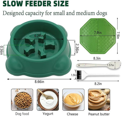 Excellent Slow Feeder Dog Bowl, prevent bloat or choking, Fun Alternative Dog Slow Feeding Bowl for Small Medium Size Dogs,dog food slow feeder bowl/licking mat set(Green Set)