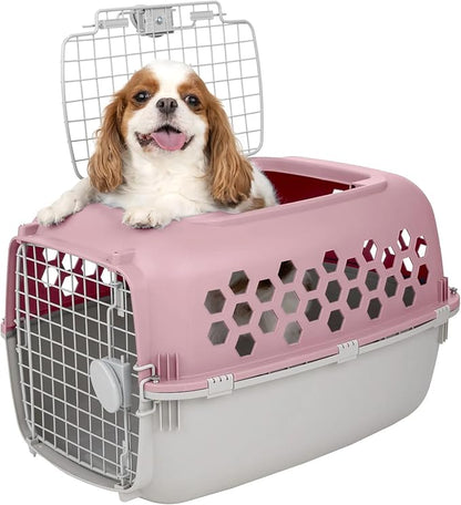 2-Door Plastic Portable Pet Kennel for Dogs, Pink, 24 x 16.7 x 15 Inches, 35 lb Capacity, Top and Front Access