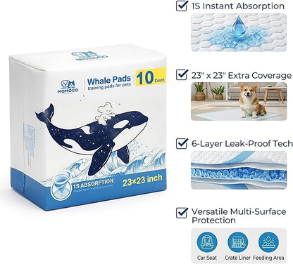 MoMoCo Whale Pads Puppy Pads 10 Pack, Portable Travel Dog Pee Pads, Ultra Absorbent & Leak-Proof, Ideal for Trips, Car, Hotel & Emergency Use