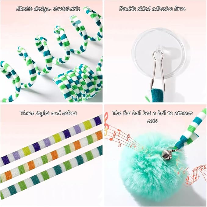 La La Pet®Retractable Cat Teaser Toy Cat Toys for Indoor Self Play 3 Pack Interactive Cat Feather Toy Hanging Spring Cat Toys Cat Teaser Suction Cup with Bell and Plush Ball Kitten Exercise Toys