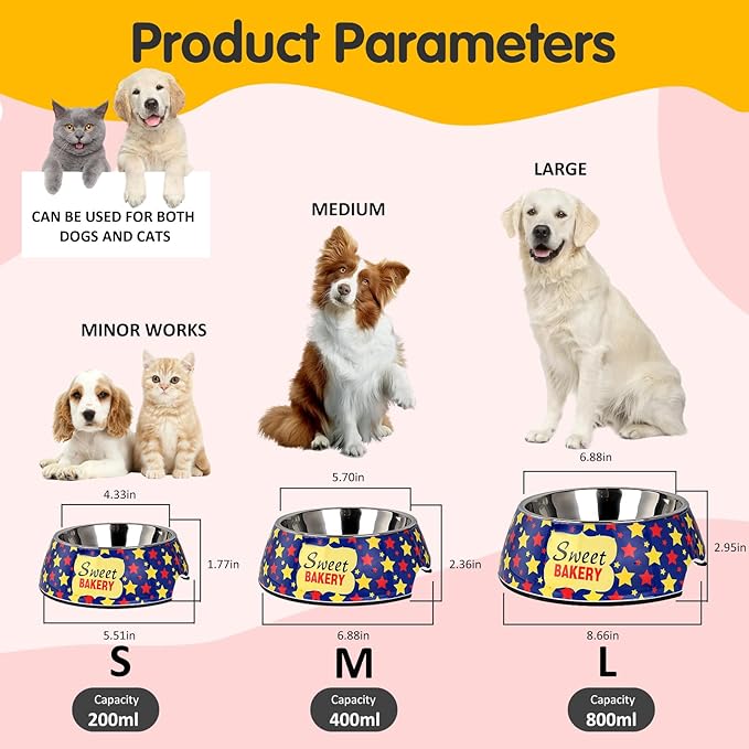Pet Cats Dogs 2 in 1 Food Water Bowls - Non Slip Skid Proof Heavy Duty Pet Cats Dog Food Water Bowls for Feeding Drinking Small Medium Large Dogs Cats Puppies-Cartoon Stars-M