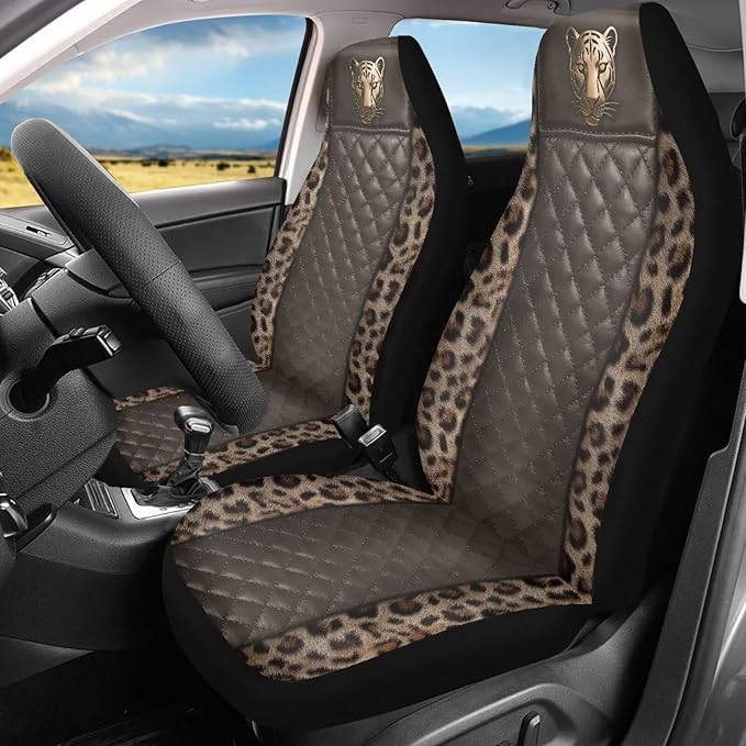 Leopard Automotive Seat Covers Seat Cover for Front Seats Only for Women Men Universal Fit for Cars, SUVs, Trucks Car Interior Accessories Seat Protector Brown