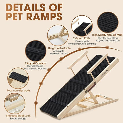 Dog Ramp for Bed - Foldable Small to Large Dog Ramp for Couch - 6 Adjustable Height from 12" to 24" - High Traction Mat & Safety Side Rails - Wooden Ramp for Dogs to Get on Bed Couch Car Up to 200LBS