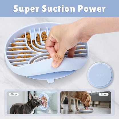 2 in 1 Slow Feeder Dog Bowls with Suction Cups,Silicone Lick Mat for Dogs,DIY Wet or Dry Food,Dishwasher Safe,Blue,Spatula+UU Bowl+Cyclone Lick Pad