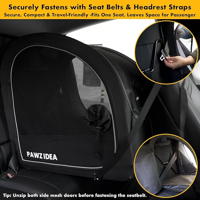 PAWZIDEA Portable Dog Crate for Car Travel, Collapsible Pet Travel Crates for Medium & Large Dogs, Enclosed Soft-Sided Car Kennel Carrier for Backseat, Secures w/Seatbelt & Headrest Strap, Chew-Proof