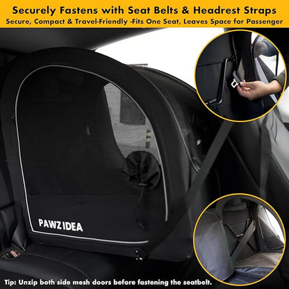 PAWZIDEA Portable Dog Crate for Car Travel, Collapsible Pet Travel Crates for Medium & Large Dogs, Enclosed Soft-Sided Car Kennel Carrier for Backseat, Secures w/Seatbelt & Headrest Strap, Chew-Proof