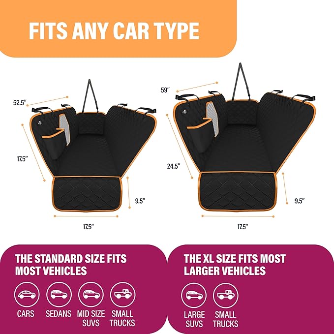 Active Pets Dog Car Seat Cover for Back Seat, Waterproof Pet Protection Hammock, SUV Truck Car Backseat Protector with Safety Features, XL, Orange