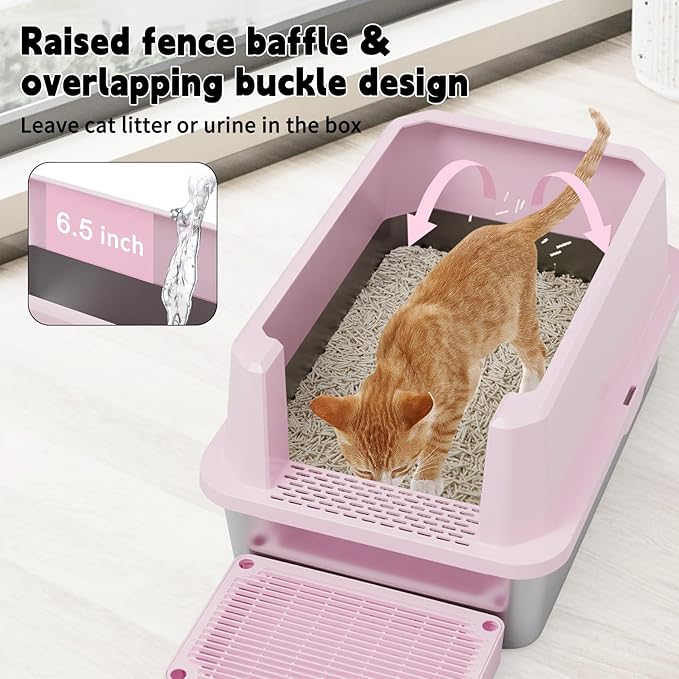 RIZZARI Large Cat Litter Box: Pink Heavy-Duty 304 Stainless Steel Open Pan - High Sides Prevent Leaks - Odor-Free & Easy Clean - Teflon Non-Stick Coating - Ideal for Big Cats in Apartments & Bathrooms