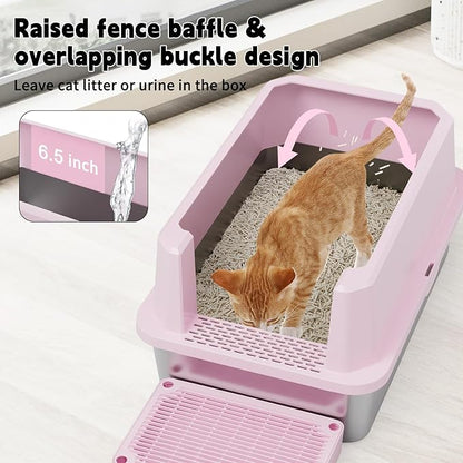 RIZZARI Large Cat Litter Box: Pink Heavy-Duty 304 Stainless Steel Open Pan - High Sides Prevent Leaks - Odor-Free & Easy Clean - Teflon Non-Stick Coating - Ideal for Big Cats in Apartments & Bathrooms
