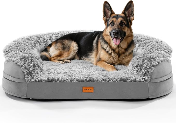 Fluffy 3.7 inch Thickened Orthopedic Dog Beds for Jumbo Dogs, Curved Bolster Support Dog Couch with Removable & Washable Cover, Orthopedic Oval Memory Foam, Non Slip Bottom,Grey