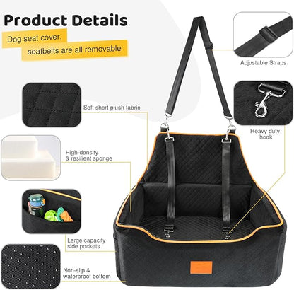 XIEEAOZEE Dog Car Seat for Large/Medium Dog, Booster Seat for Dogs Under 55Lbs or 2 Small, Detachable and Washable Travel Pet Seat with Thick Cushion and Storage Pockets (Black)