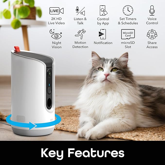 Geeni Pet Treat Dispenser with Camera - 2K HD WiFi Enabled, Dog and Cat Automatic Smart Feeder, Two-Way Audio, Night Vision, Auto-Follow, Remote Access with App, Alexa and Google Compatible, White