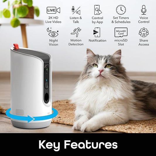 Geeni Pet Treat Dispenser with Camera - 2K HD WiFi Enabled, Dog and Cat Automatic Smart Feeder, Two-Way Audio, Night Vision, Auto-Follow, Remote Access with App, Alexa and Google Compatible, White