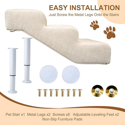 Adjustable Dog Stairs & Ramp for Cats and Dogs, 3-Step Pet Stairs for High Beds and Couch, 11.8"–14.5" Height, Linen Faux Leather, Waterproof, Scratch-Resistant, Non-Slip Indoor Pet Ramp