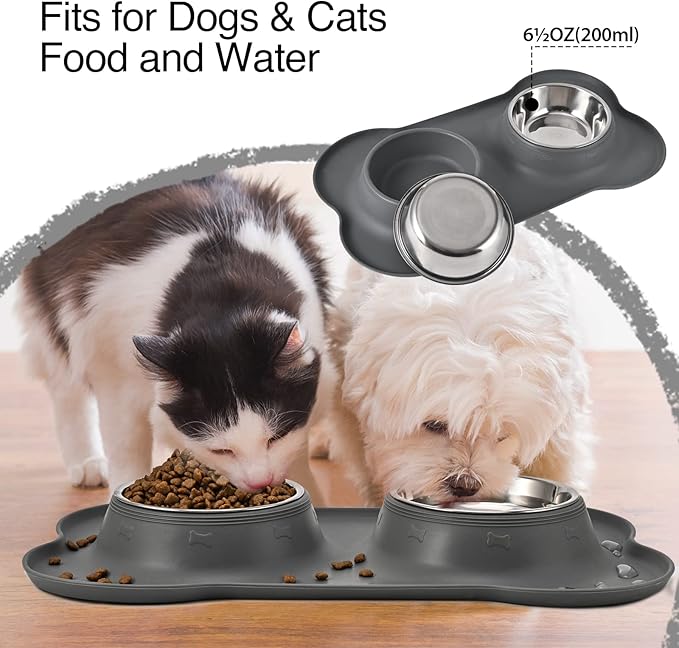 Dog Bowls 2 Stainless Steel Bowl for Pet Water and Food Feeder with Non Spill Skid Resistant Silicone Mat for Pets Puppy Small Medium Cats Dogs