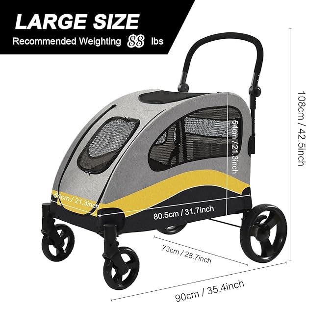 XL Extra Large Dog Stroller, All-Terrain 4 Wheel for 2 Medium Dogs, One-Click Foldable, Adjustable Handles, Dual Entry Safety Dog Stroller, Capacity 88lbs (Gray-Yellow)