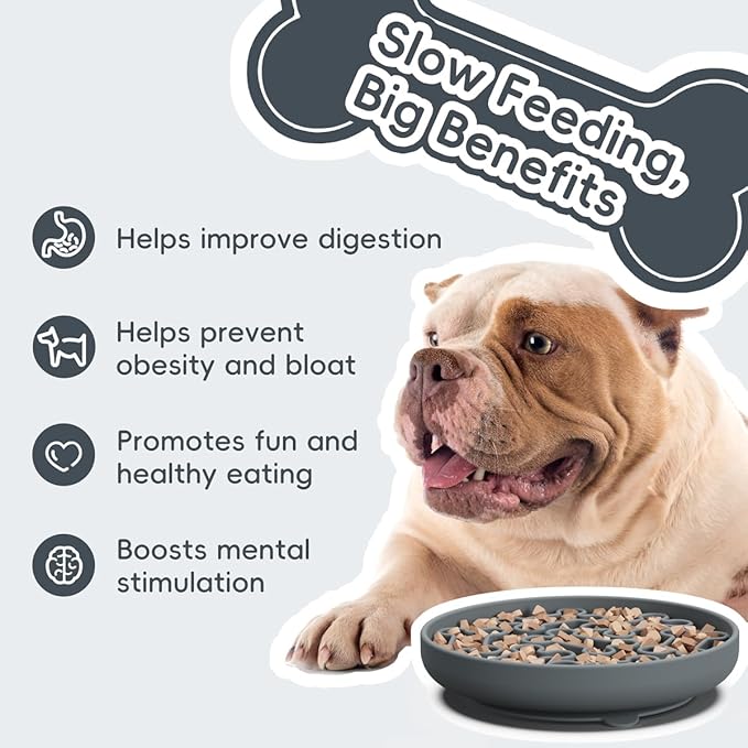Silicone Slow Feeder Dog Bowl – Gray Bone Pattern | Food-Grade Non-Slip Dog Dish for Anti-Bloat, Fast Eating Prevention, 7.5” x 1.5”, Dishwasher Safe
