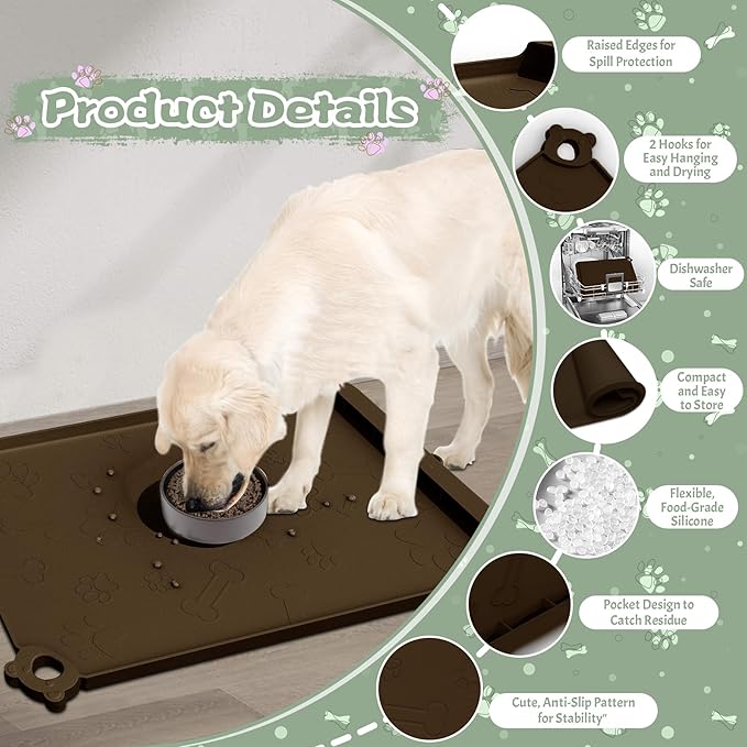 Dog Food Mat, Silicone Pet Feeding Mat With Residue Collection Pocket - Waterproof Bowl Mat for Cats and Dogs, Raised Edges, Hooks, Placemats for Food and Water