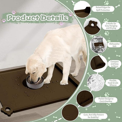 Dog Food Mat, Silicone Pet Feeding Mat With Residue Collection Pocket - Waterproof Bowl Mat for Cats and Dogs, Raised Edges, Hooks, Placemats for Food and Water