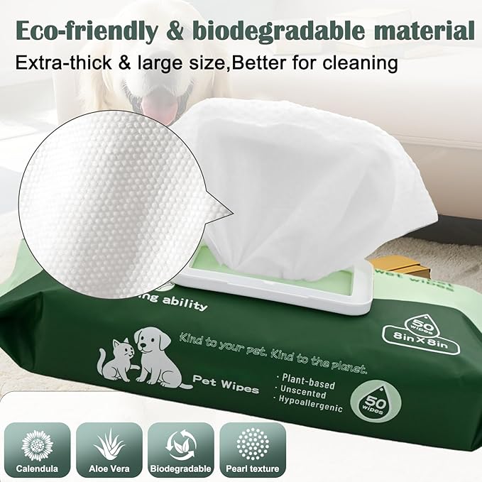 Unscented Pet Wipes for Dogs and Cats (50 Count) - Hypoallergenic Biodegradable Grooming Wipes for Cleaning Paws, Face, Body & Fur - Gentle Deodorizing Dog Wipes & Cat Wipes for Daily Use