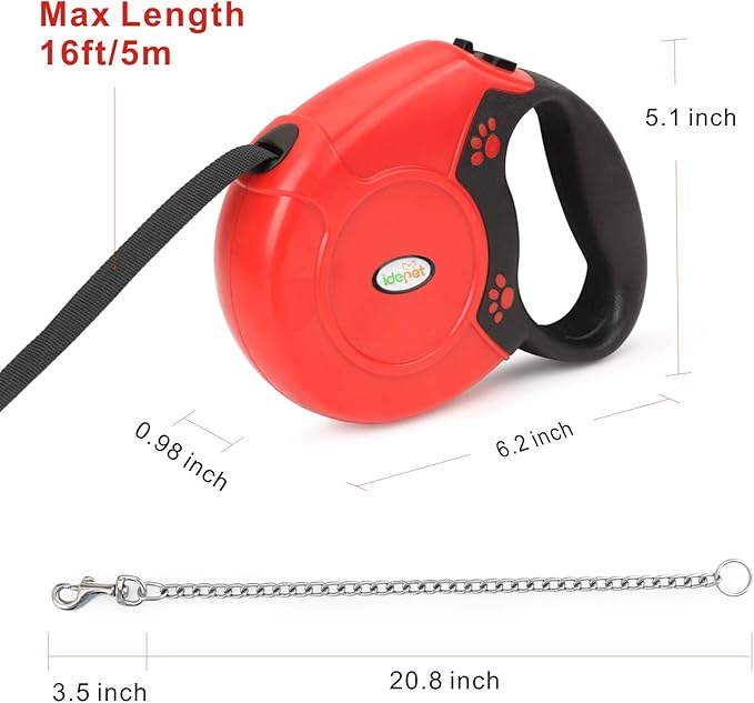 Idepet Heavy Duty Retractable Dog Leash for Small and Medium Dogs, Anti-Chewing Steel Chain 360 Degree Tangle-Free,Break and Lock System,16ft Leash for Dog Walking (Red, Flat Rope)
