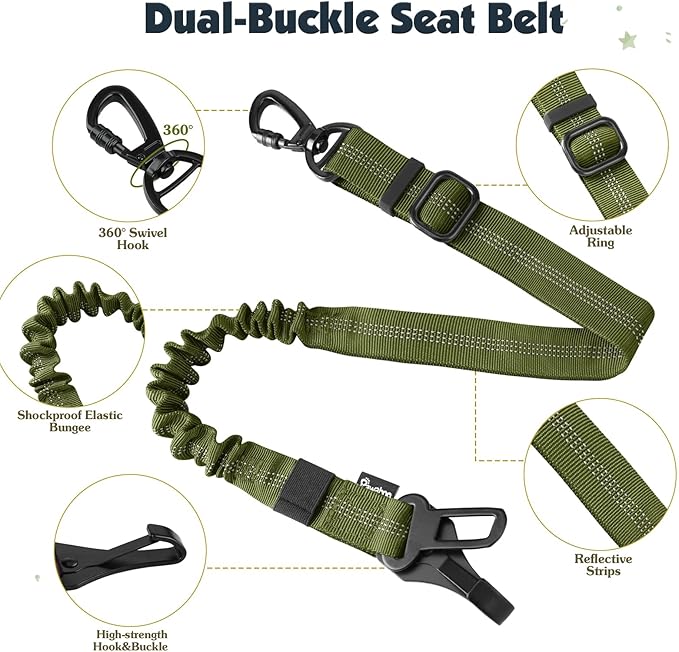 Pawaboo Dog Seat Belt Harness for Car, Dog Car Harness Seatbelt with Double Clips, Adjustable Breathable Pet Vest & Dogs Safety Tether with Elastic Bungee for Small Medium Large Pet, M,Green + Black