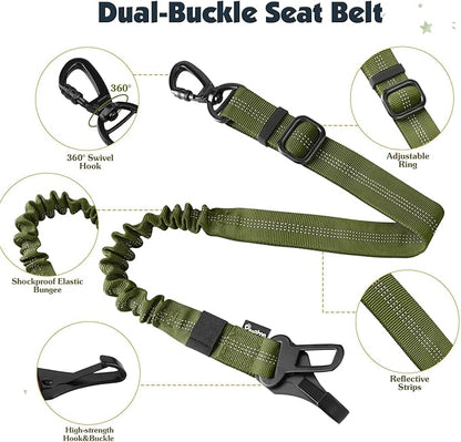 Pawaboo Dog Seat Belt Harness for Car, Dog Car Harness Seatbelt with Double Clips, Adjustable Breathable Pet Vest & Dogs Safety Tether with Elastic Bungee for Small Medium Large Pet, S, Green + Black