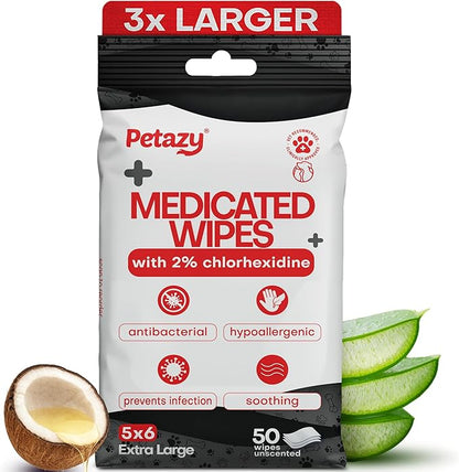 2% Chlorhexidine Wipes for Dogs 3X Larger | Yeast Infection Ringworm Fungus Hot Spot Itch Relief | Medicated Antibacterial Antifungal Gentle Soothing Topical Wipes for Dog Cat | 50 Wipes 5x6