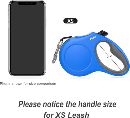 Fida Retractable Dog Leash with Dispenser and Poop Bags, 10 ft Pet Walking Leash for X-Small Dog or Cat up to 18 lbs, Anti-Slip Handle, Tangle Free, Reflective Nylon Tape (XS, Blue)